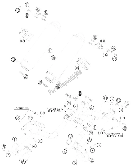 All parts for the Exhaust System of the KTM 950 Super Enduro R Australia United Kingdom 2008