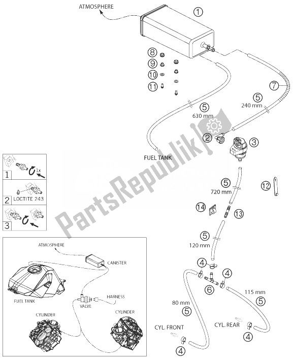 Tutte le parti per il Contenitore Per Evaporazione del KTM 1190 RC8 R LIM ED Red Bull 10 USA 2010