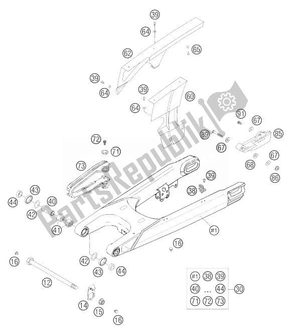 All parts for the Swing Arm 640 Lc4 of the KTM 640 Adventure R Australia United Kingdom 2004