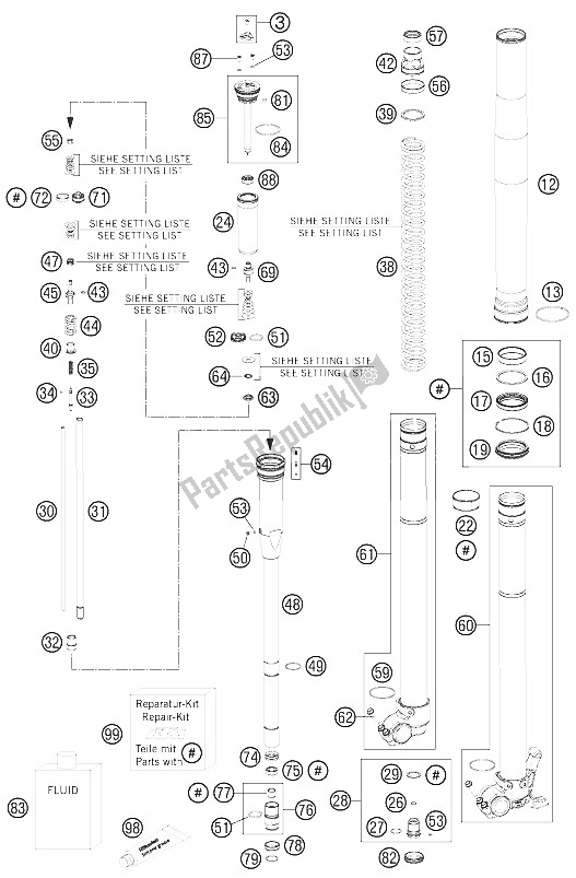 All parts for the Front Fork Disassembled of the KTM 450 Rally Factory Replica Europe 2011