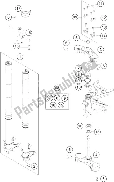 All parts for the Front Fork, Triple Clamp of the KTM 1290 Super Adventure WH ABS 15 China 2015