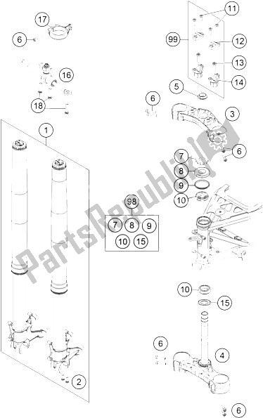 All parts for the Front Fork, Triple Clamp of the KTM 1290 Super Adventure WH ABS 16 Australia 2016