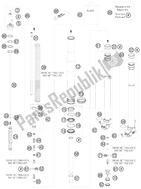 All parts for the Front Fork Disassembled of the KTM 125 EXC Europe 2009