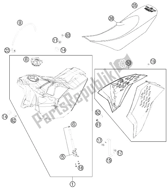 All parts for the Tank, Seat, Cover of the KTM 125 EXC Factory Edit Europe 2011