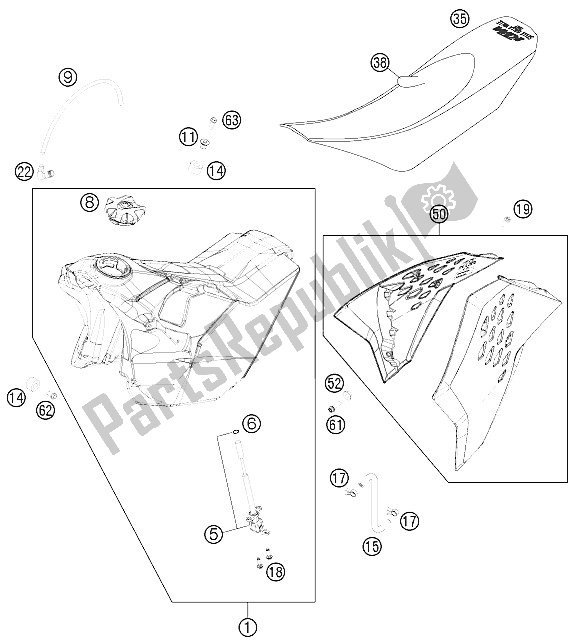 Todas as partes de Tanque, Assento, Tampa do KTM 250 EXC Factory Edit Europe 2011