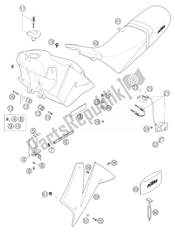 All parts for the Tank, Seat Cover 640 Duke Ii of the KTM 640 Duke II Black United Kingdom 2003