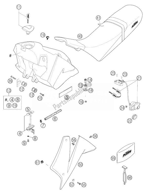 Todas las partes para Tanque, Asiento, Tapa 640 Duke Ii de KTM 640 Duke II Black United Kingdom 2004