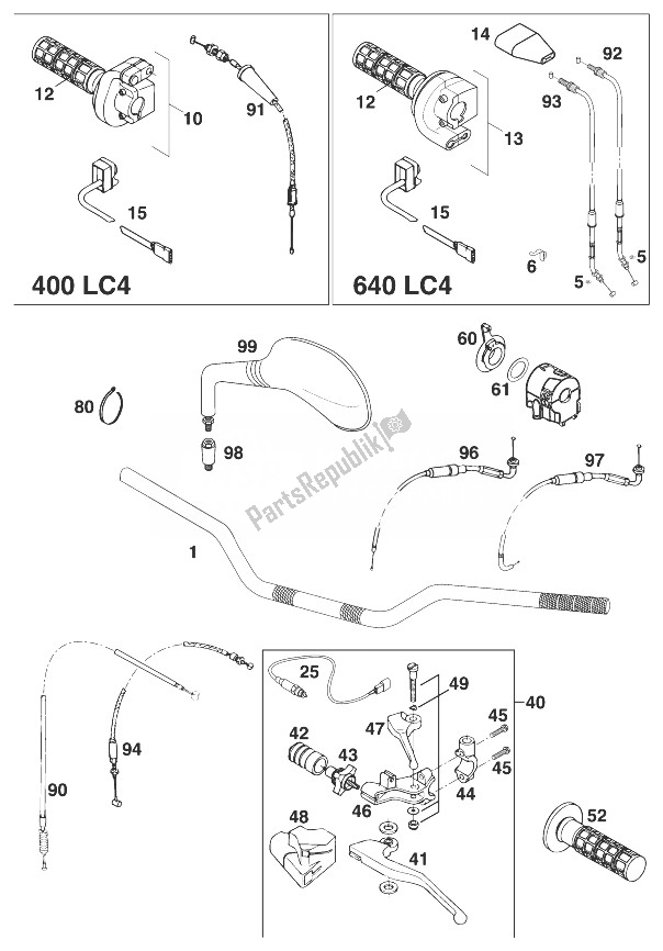 All parts for the Handle Bar - Controls 400/640 Lc4 ' of the KTM 640 LC 4 Europe 1999