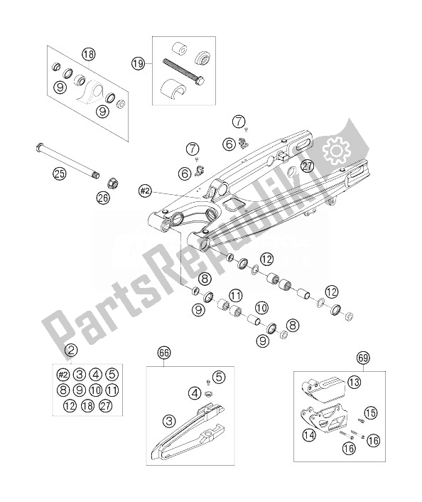 All parts for the Swingarm of the KTM 250 EXC F SIX Days Europe 2007