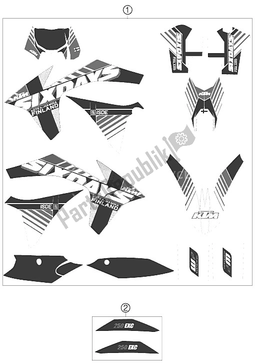 All parts for the Decal of the KTM 250 EXC SIX Days Europe 2012