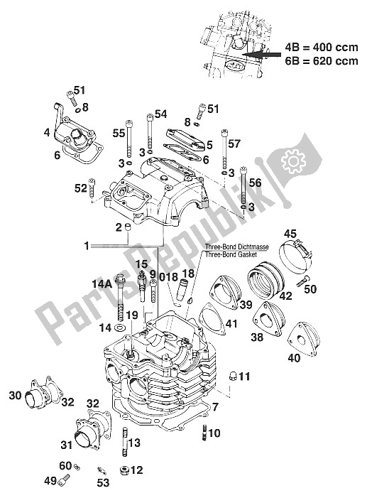 All parts for the Cylinder Head 400-620 Sc,egs'97 of the KTM 400 Super Comp WP 14 KW France 1997