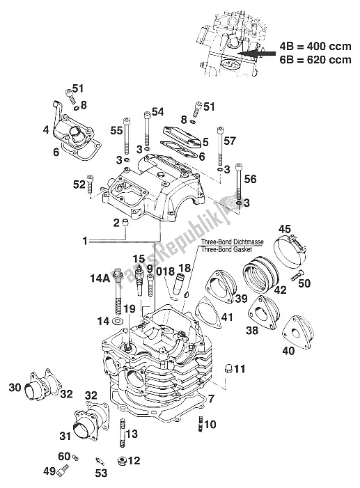 All parts for the Cylinder Head 400-620 Sc,egs'97 of the KTM 400 Super Comp WP 20 KW Europe 1997