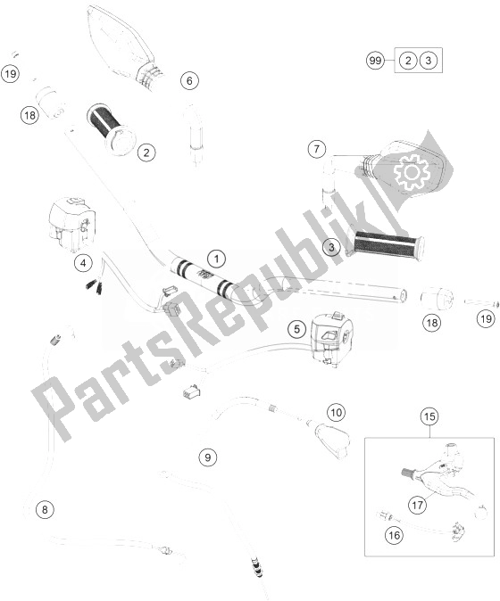 All parts for the Handlebar, Controls of the KTM 390 Duke Black ABS BAJ DIR 14 Japan 2014