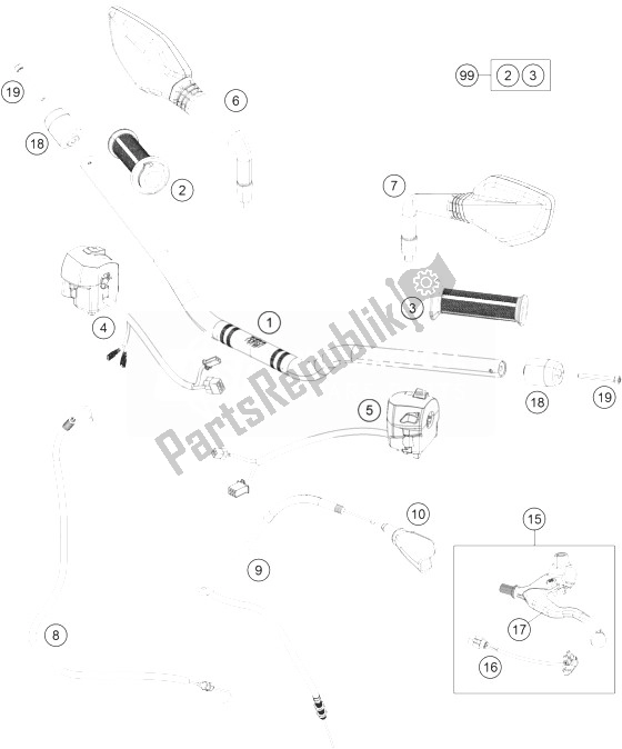 All parts for the Handlebar, Controls of the KTM 390 Duke White ABS CKD 2015 Colombia 2014