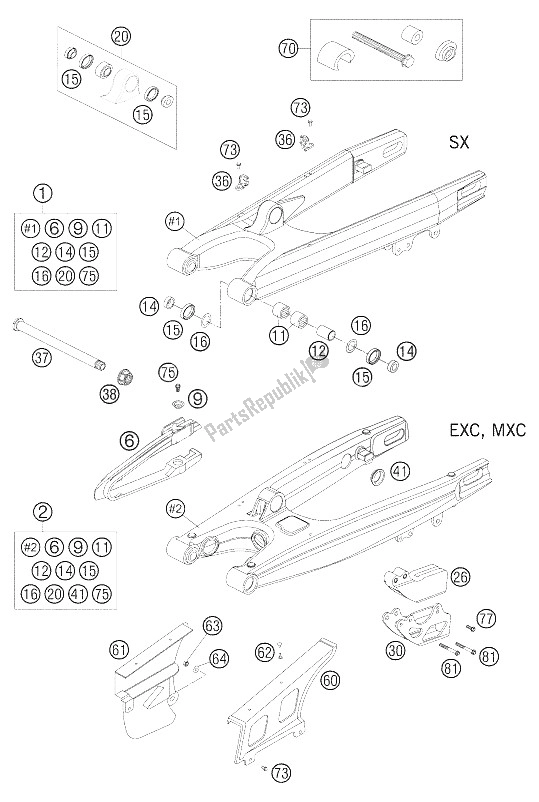 Alle onderdelen voor de Schwingarm 250-525 Racen van de KTM 250 EXC Racing Australia 2005
