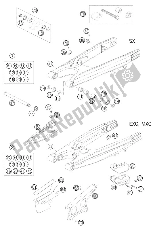 Alle onderdelen voor de Schwingarm 250-525 Racen van de KTM 450 EXC Racing Australia 2005