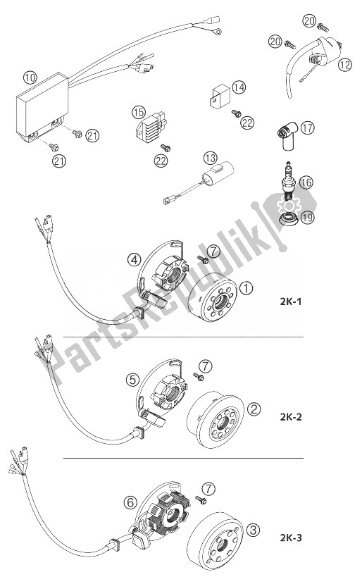 Tutte le parti per il Sistema Di Accensione Kokusan del KTM 250 EXC Australia 2004