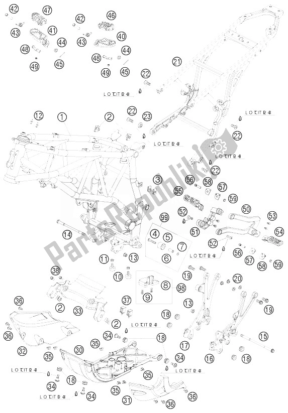 Tutte le parti per il Telaio, Telaio Ausiliario, Protezione Motore del KTM 950 Adventure Silver LOW Australia United Kingdom 2004