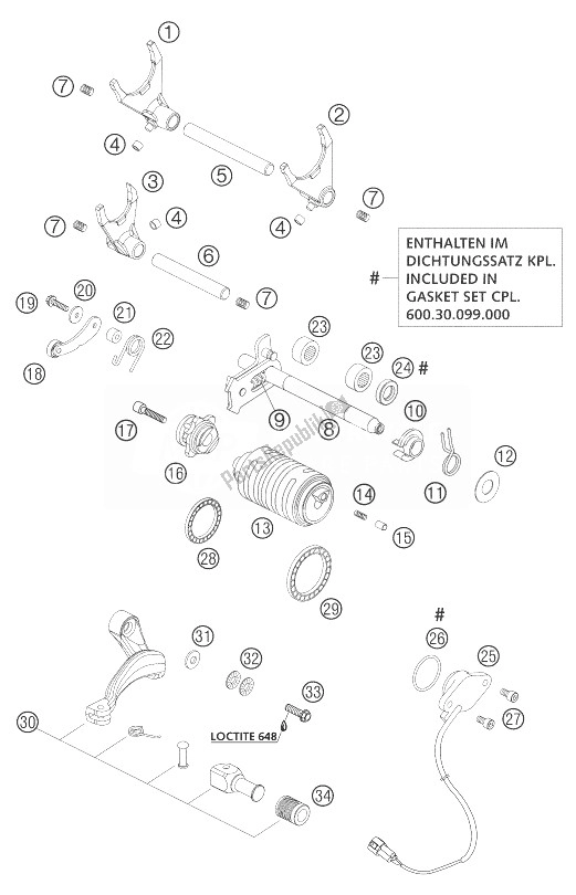 All parts for the Shifting Mechanism Lc8 of the KTM 950 Adventure Black LOW USA 2004