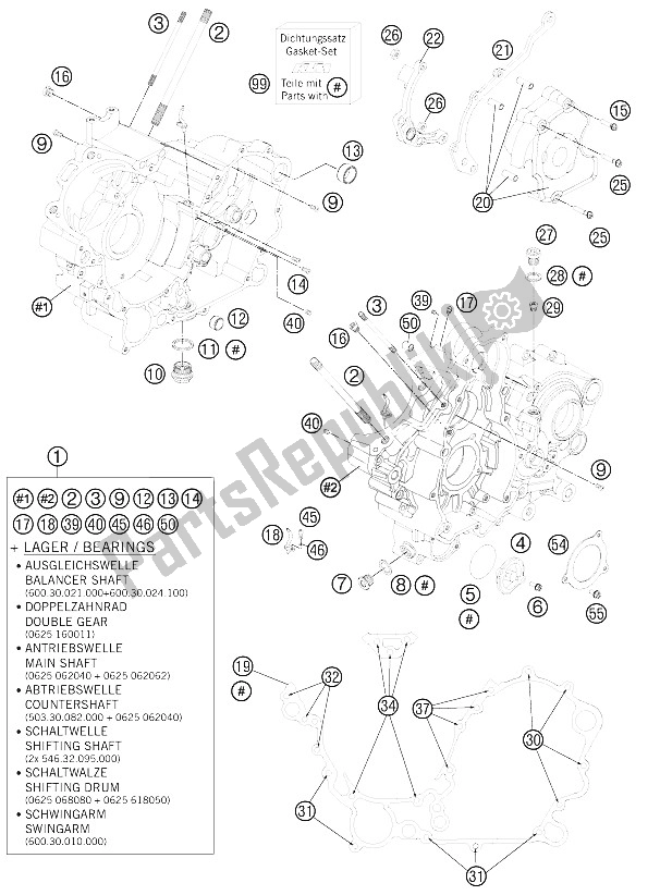 All parts for the Engine Case of the KTM 990 Super Duke Black Australia United Kingdom 2011