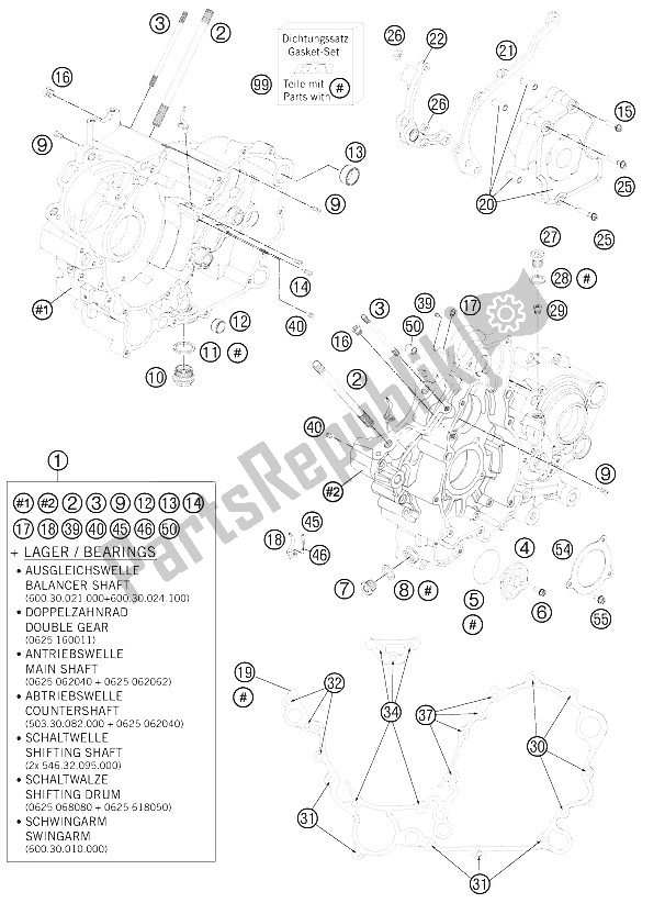 All parts for the Engine Case of the KTM 990 Super Duke R Australia United Kingdom 2012