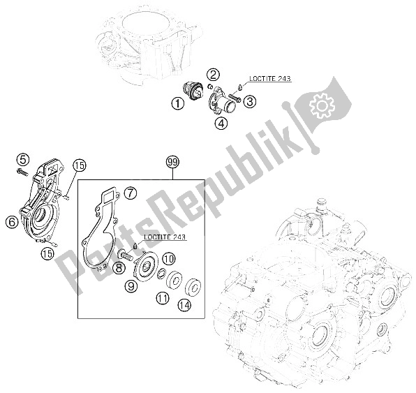 All parts for the Water Pump of the KTM 690 Duke Orange Japan 2008