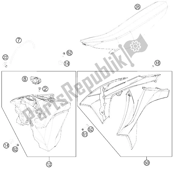 Wszystkie części do Zbiornik, Siedzenie, Pokrowiec KTM 250 EXC F SIX Days Europe 2012