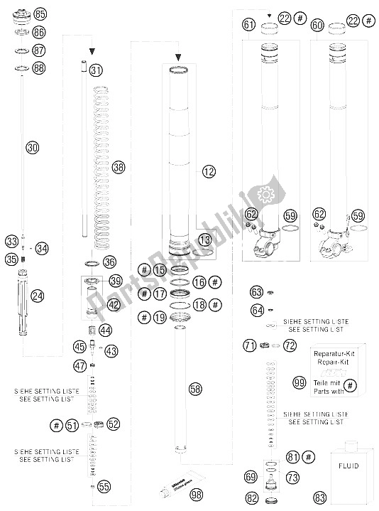 Tutte le parti per il Forcella Anteriore Smontata del KTM 950 Super Enduro Erzberg 08 Europe 2008