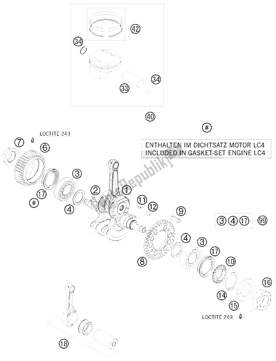 All parts for the Crankshaft, Piston of the KTM 690 Duke Orange Europe 2009