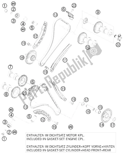 All parts for the Timing Drive of the KTM 1190 RC 8 Orange Japan 2008