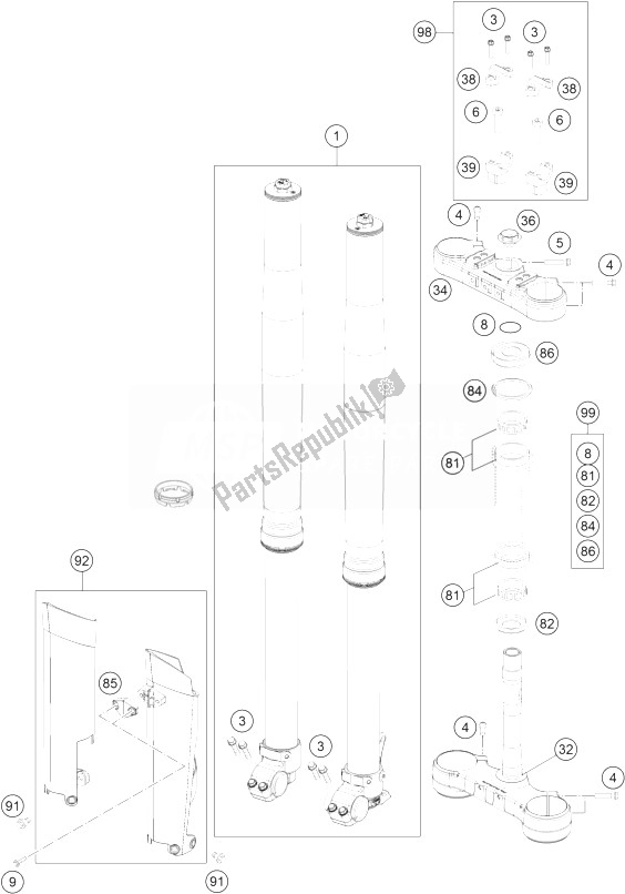 Tutte le parti per il Forcella Anteriore, Pinza Tripla del KTM 200 EXC Europe 2014