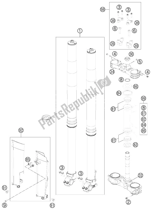 All parts for the Front Fork, Triple Clamp of the KTM 250 SX F Europe 2011