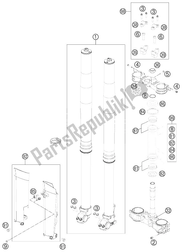 All parts for the Front Fork, Triple Clamp of the KTM 350 SX F USA 2012