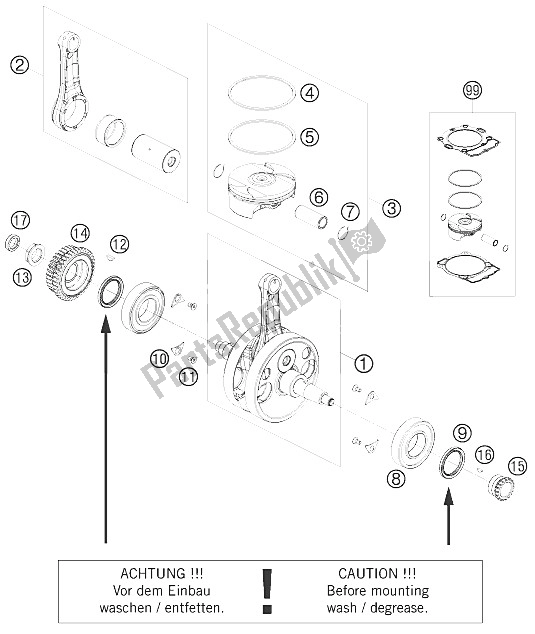 All parts for the Crankshaft, Piston of the KTM 450 EXC R SIX Days 08 Europe 2008