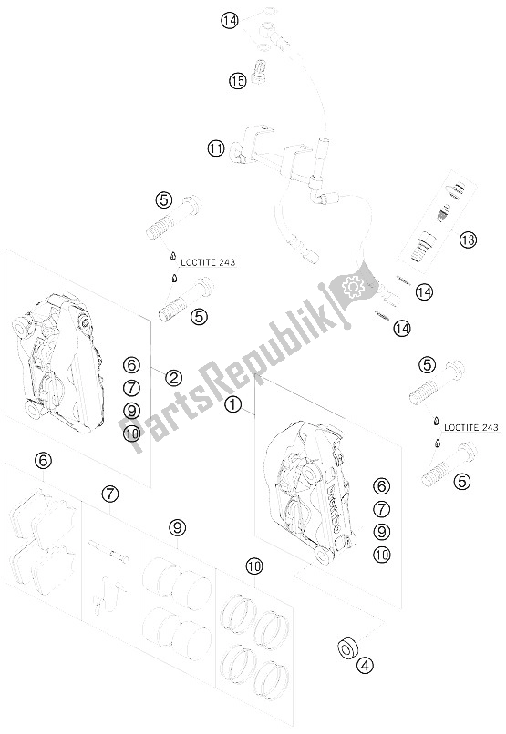 All parts for the Brake Caliper Front of the KTM 990 Super Duke Orange USA 2008