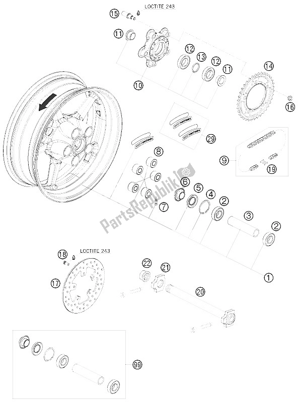 All parts for the Rear Wheel of the KTM 1190 RC 8 Black USA 2009