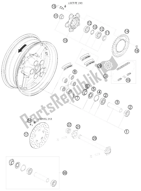 All parts for the Rear Wheel of the KTM 1190 RC 8 White Australia 2009