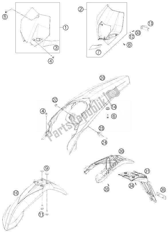 All parts for the Mask, Fenders of the KTM 125 EXC Europe 2013