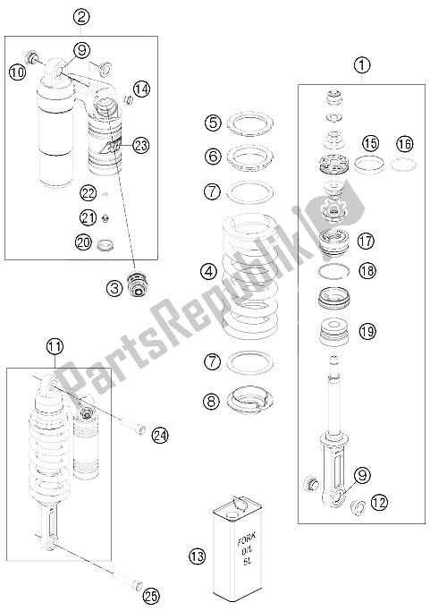 All parts for the Monoshock of the KTM 990 Super Duke R Europe 2011