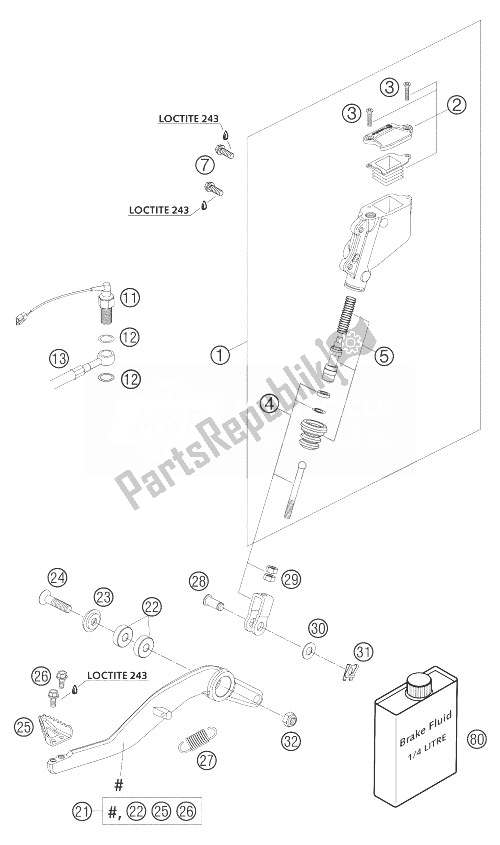 All parts for the Rear Brake Operating System of the KTM 950 Adventure S Orange USA 2003