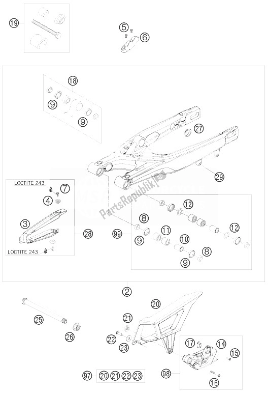 All parts for the Swing Arm of the KTM 450 EXC Europe 2010