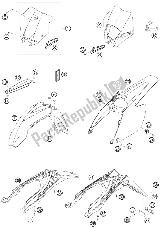 All parts for the Mask, Fenders of the KTM 125 SX Europe 2005