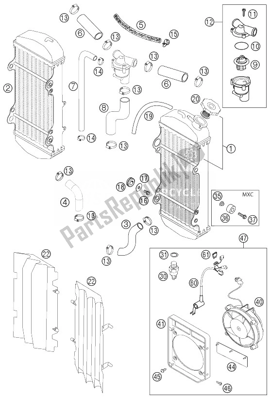 All parts for the Cooling System 250/450/525 Rac of the KTM 250 EXC Racing United Kingdom 2003