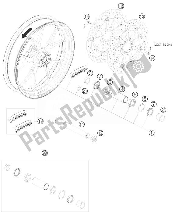 All parts for the Front Wheel of the KTM 990 Supermoto R Australia United Kingdom 2010