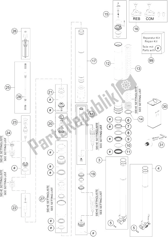 All parts for the Front Fork Dissassembled of the KTM 250 SX F USA 2015