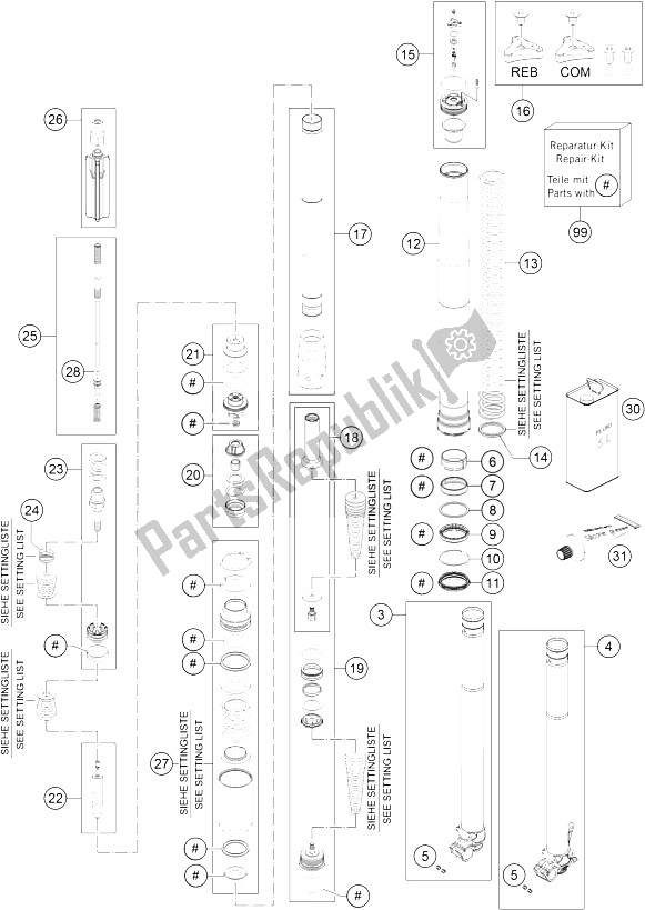 All parts for the Front Fork Dissassembled of the KTM 250 XC F USA 2015