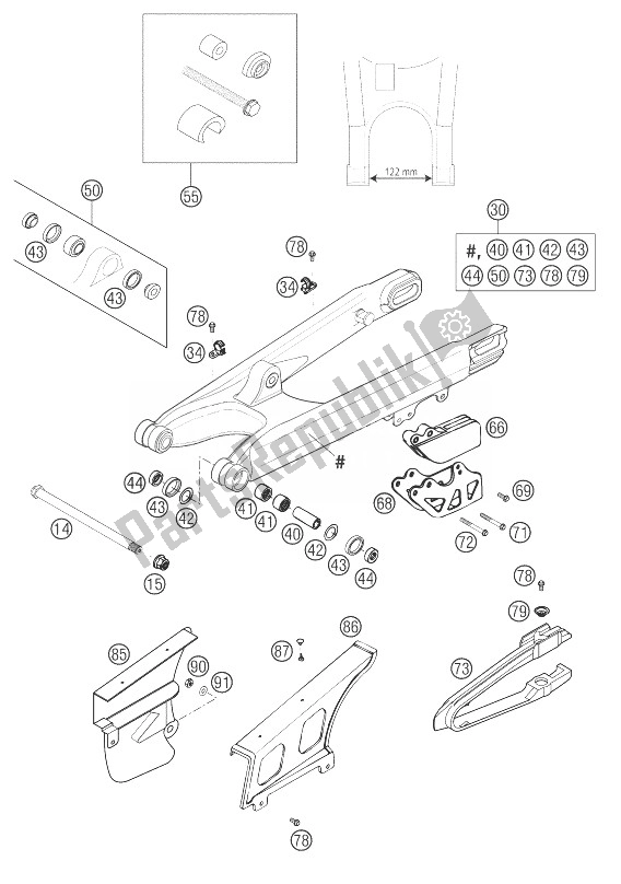 All parts for the Swing Arm 400/520 Racing 2001 of the KTM 525 SX Racing Europe 2003