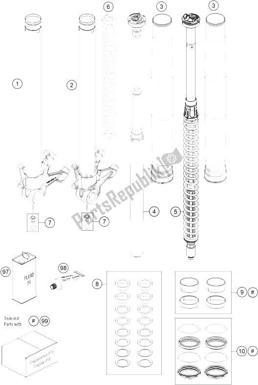 All parts for the Front Fork Disassembled of the KTM 1290 Super Adventure WH ABS 15 France 2015