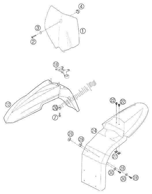 Tutte le parti per il Maschera, Parafango 660 Sms 2002 del KTM 660 SM Factory Replica Europe 2002
