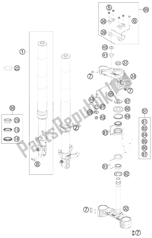 All parts for the Front Fork, Triple Clamp of the KTM 690 Duke White Australia United Kingdom 2012